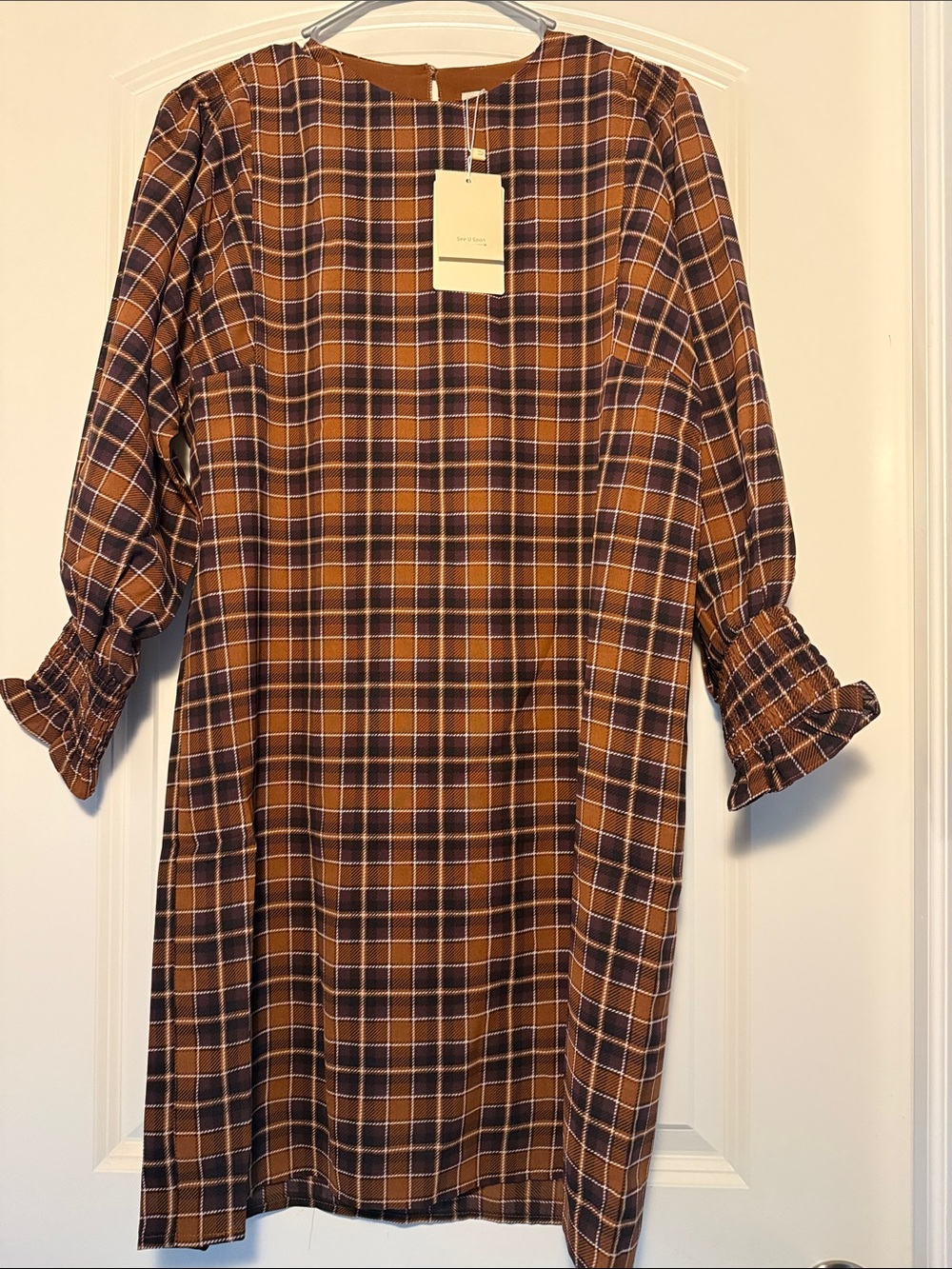 Unbranded Brown & Navy Plaid Long Sleeve Shift Dress